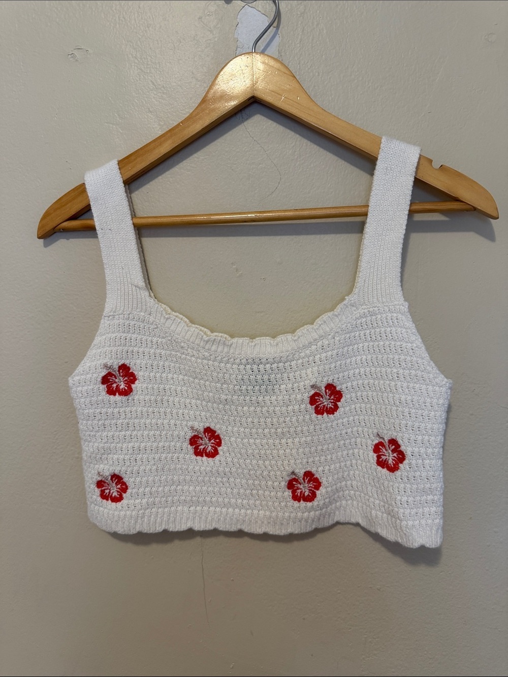 wild fable White Crocheted Tank with Red Floral Embroidery